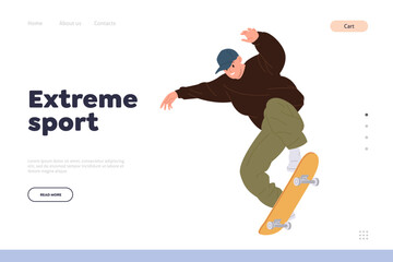 Extreme sport concept for landing page design template with active street boy skateboarding