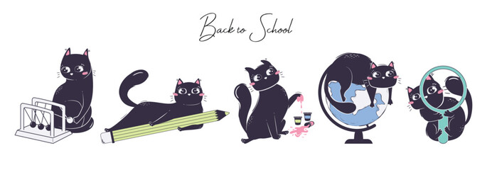 Collection of cats with school items in flat style. The concept of animals returning to school.