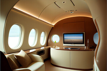 Fototapeta premium The interior of a private jet aircraft. Leather armchairs, luxury design.