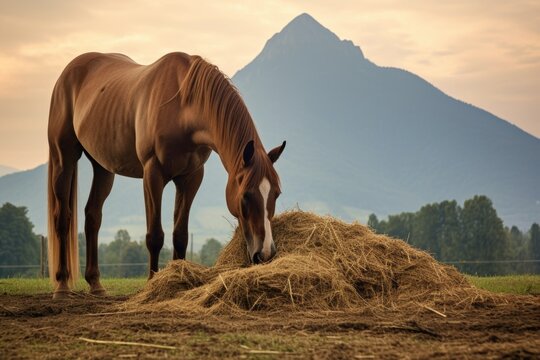 horse eating hay with mountain landscape in background, created with generative ai