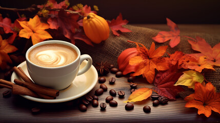 Autumn cozy background with coffee.ai generative
