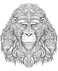 Fototapeta premium Mandala, black and white illustration for coloring animals, monkey.