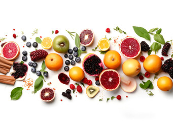 Fruits and vegetables display at white background. Healthy living, nutritions, concept illustration made with AI generative 