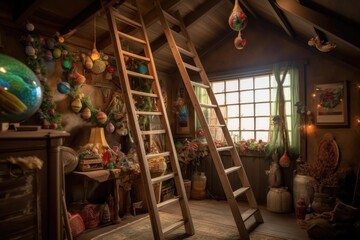 ladder leading to attic with holiday decorations and ornaments, created with generative ai