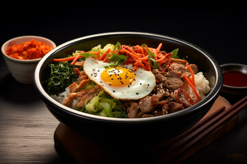 A bowl of bibimbap, dark background.ai generative