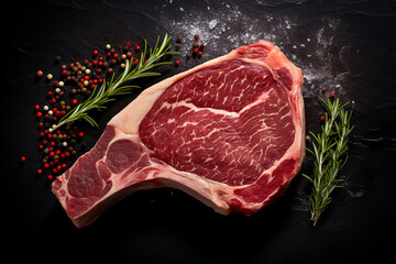 T-bone steak from raw beef. Fine and organic meat products. Still life of a raw thick rib on a black background from above.ai generative