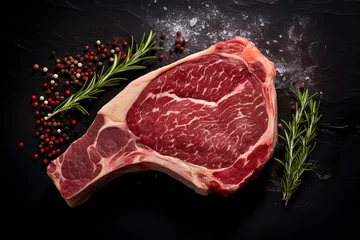  T-bone steak from raw beef. Fine and organic meat products. Still life of a raw thick rib on a black background from above.ai generative © Oleksandr
