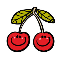 Two cartoon cherry berries with a human face and a smile. Vector illustration of funny gifts of nature from a tree from the garden.