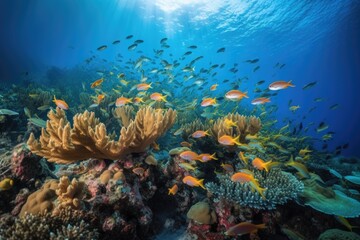 school of tropical fish swimming among coral reef, created with generative ai