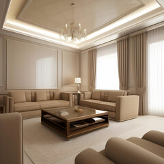Beige minimalist modern living room with couche and chandelier