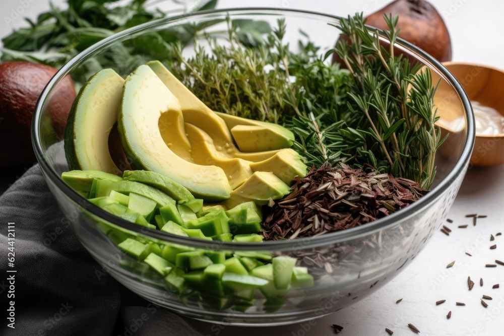 Sticker a bowl filled with ingredients for a deconstructed recipe: ripe avocado, fresh herbs and spices, created with generative ai