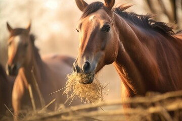 horses teeth grinding hay with blurred background, created with generative ai - obrazy, fototapety, plakaty