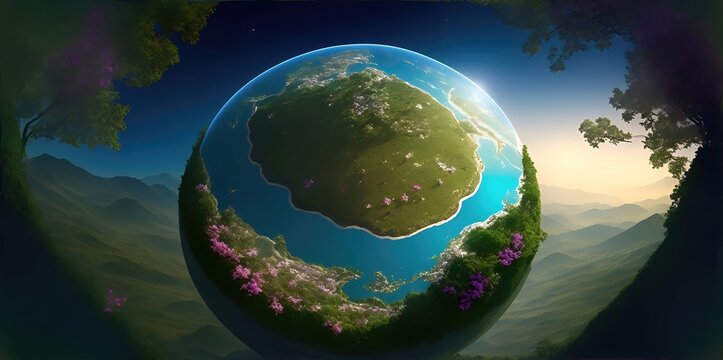 Abstract image of the globe on the background of a natural landscape.