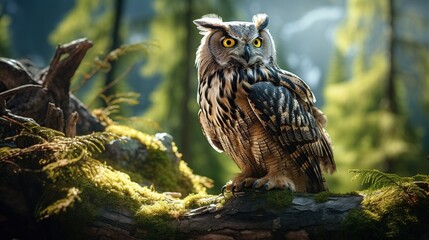 Obraz premium Beautiful Great Horned Owl balances on a tree