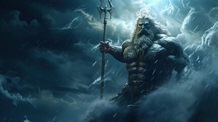 Fototapeta premium Illustration about Poseidon, the god of the seas - AI generated image.