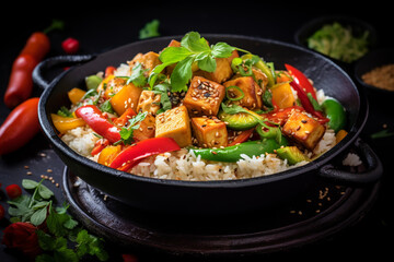 Homemade Stir Fry Tofu with Vegetables and Rice in black bowl.ai generative