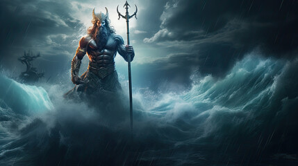 Illustration about Poseidon, the god of the seas - AI generated image.