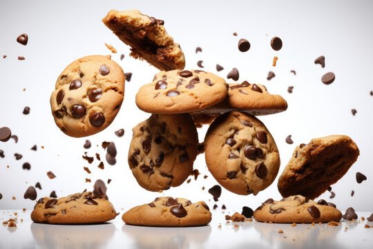 Chocolate chip cookies flying on a white background, isolate cookies for illustration. 