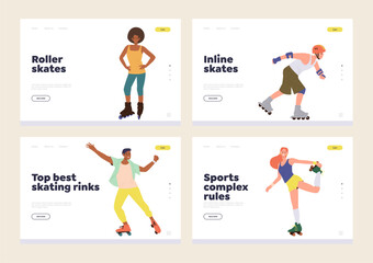 Isolated set landing page design template with happy people enjoying roller skating outdoors