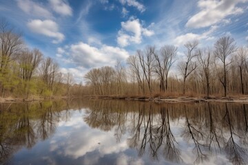 Fototapeta premium reflections of trees, sky, and clouds in still lake, created with generative ai