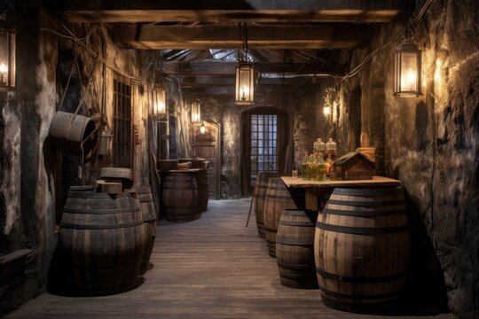 aged whiskey barrels in a cobblestone cellar with vintage lanterns, created with generative ai