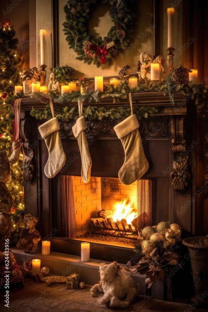 Sticker cozy fireplace with stockings hung and holiday decorations, created with generative ai