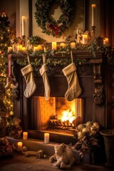 cozy fireplace with stockings hung and holiday decorations, created with generative ai