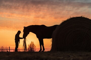silhouette of a horse eating hay against a sunrise, created with generative ai
