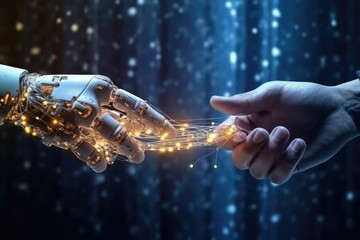 AI Machine learning Hands of robot and human touching. AI Generative