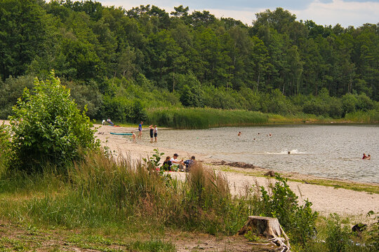 Blick auf den Sandstrand am Gorinsee mit Badeg&auml;sten und Schilfg&uuml;rtel vor bewaldetem Ufer, Wandlitz, Brandenburg, Deutschland
