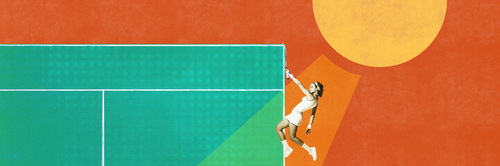 Contemporary art collage. Young girl, professional tennis player in motion, training against abstract background © Lustre Art Group 