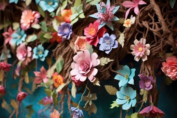 paper flower garland hanging from an enchanted tree branch, created with generative ai