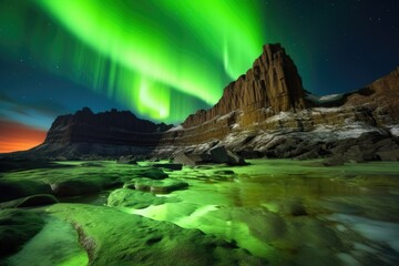 vivid green aurora over mars rocky landscape, created with generative ai