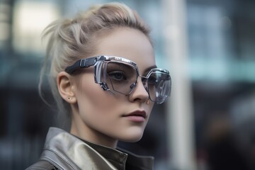 Fototapeta na wymiar Womans portrait wearing augmented reality glasses. Future technology concept.