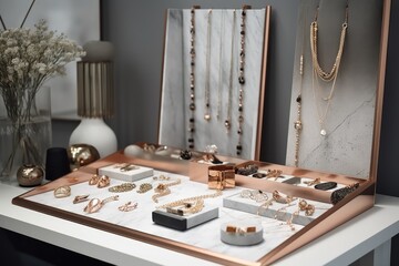 refined and minimalist jewelry display, showcasing delicate necklaces and earrings, created with generative ai