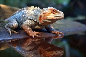 Obraz premium lizard shedding skin near a water source, reflection visible, created with generative ai