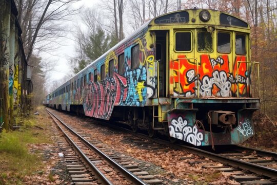 abandoned derailed train car surrounded by graffiti, created with generative ai