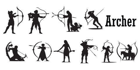 Fototapeta na wymiar Black Archery silhouette player vector illustration. Set of silhouette archer vector. Olympic player vector.