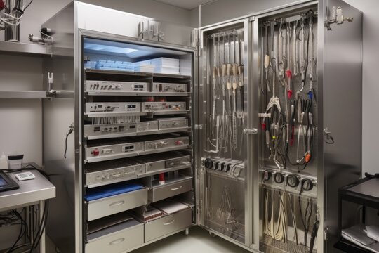 temperature-controlled holding cabinet filled with surgical instruments and equipment, created with generative ai