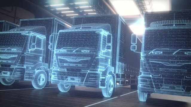 Technology Concept 3d render. Autonomic futuristic Euro semi truck with Cargo Trailer state at Night in garage with Sensors Scanning Surrounding. Special Effects of Self Driving Digitalizing Freeway