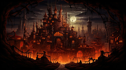 Amidst a backdrop of dark orange and light brown, a towering castle emerges, enveloping the scene in a hauntingly enchanting atmosphere for Halloween