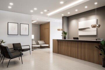 Naklejka na ściany i meble minimalist reception area with sleek furniture and modern lighting, created with generative ai