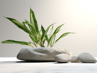 Fototapeta na wymiar Stone or rock with tropical plant in minimalist architecture design.generative ai technology