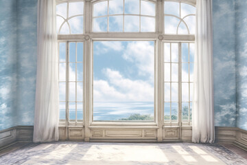 Fototapeta na wymiar Window overlooking ocean or sea panoramic view, in the style of soft, romantic landscapes, nostalgic mood, muted blue and white colors. Renaissance style. Generative AI