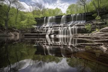 Obraz premium waterfall cascading into a serene lake with reflections of the sky, created with generative ai