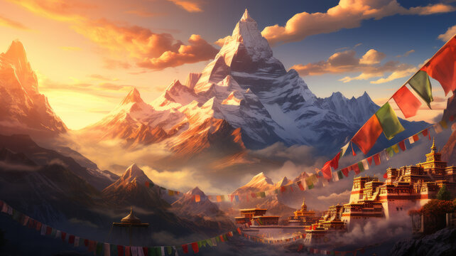 Everest and Tibetan temples.