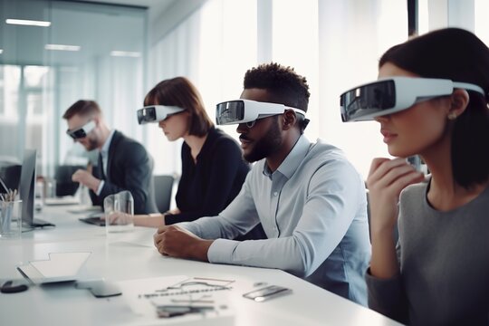 A person sitting at office and using VR glasses and laptop for working