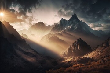 majestic mountain range shrouded in fog, with the sun shining through, created with generative ai