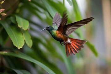 Fototapeta premium hummingbird practicing flying skills, hovering and darting around the yard, created with generative ai
