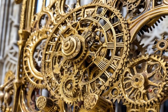 close-up view of intricate clock gears and cogs, created with generative ai